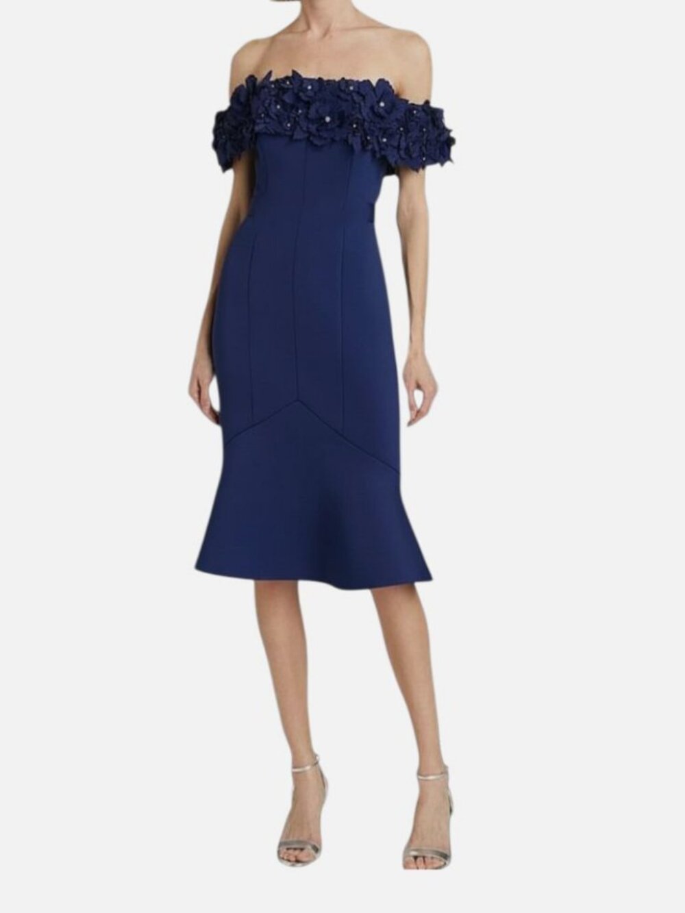 Badgley Mischka Women's Blue Off-The-Shoulder Floral Applique Dress Size 10